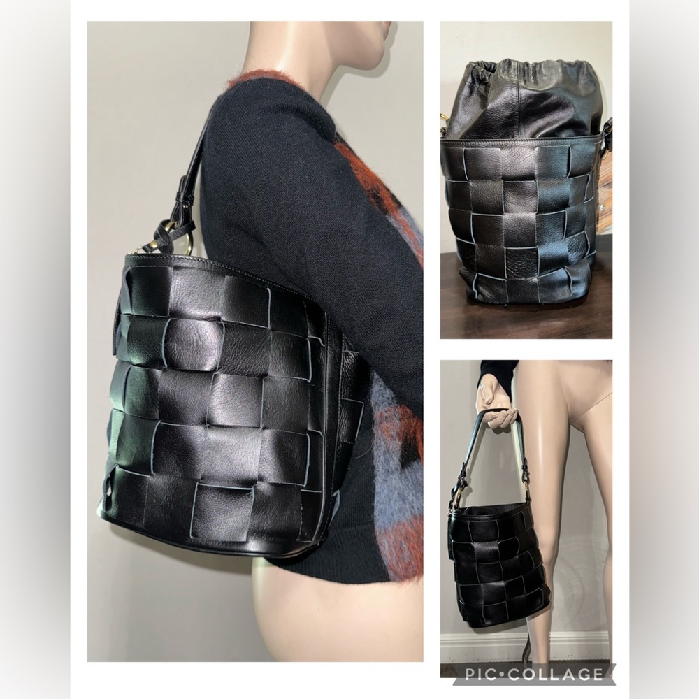 Woven Leather Bucket Satchel - Black